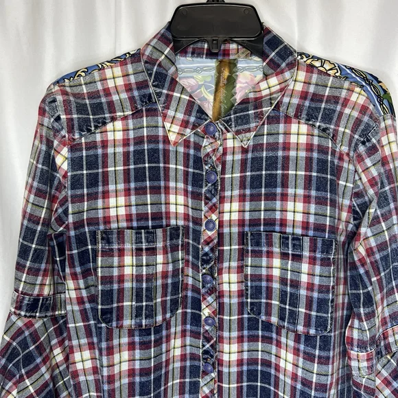 ARATTA Silent Journey Womens Plaid Flannel Button Down Shirt M Boho Western Bell - Picture 2 of 13